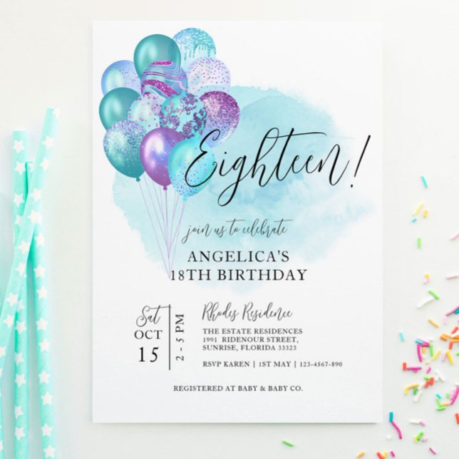 Teal Purple Balloons 18th Birthday Invitation (Creator Uploaded)