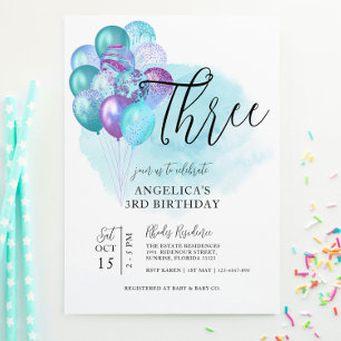 Teal Purple Balloons 3rd Birthday Invitation