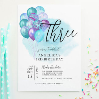 Teal Purple Balloons 3rd Birthday Invitation