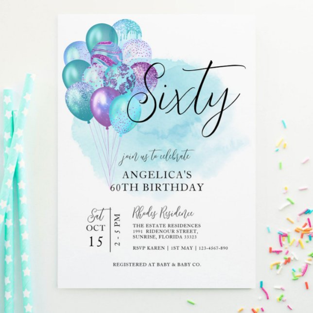 Teal Purple Balloons 60th Birthday Invitation (Creator Uploaded)