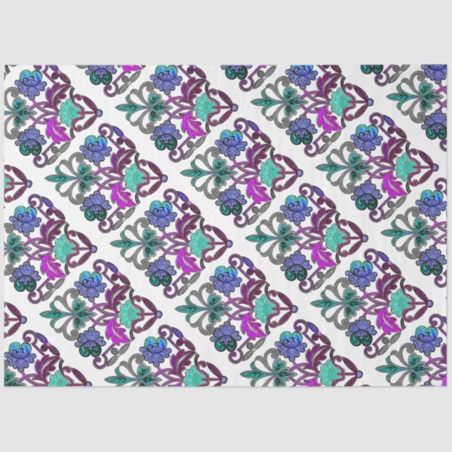 TEAL PURPLE BLUE GREEN EMBROIDERY FLOWERS TISSUE PAPER (Front)