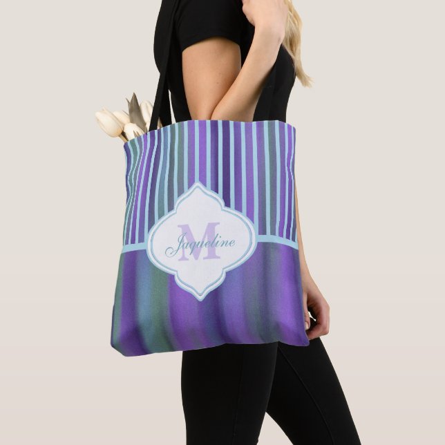 Teal Purple Blue Green Monogram Stripe Tote Bag (Close Up)