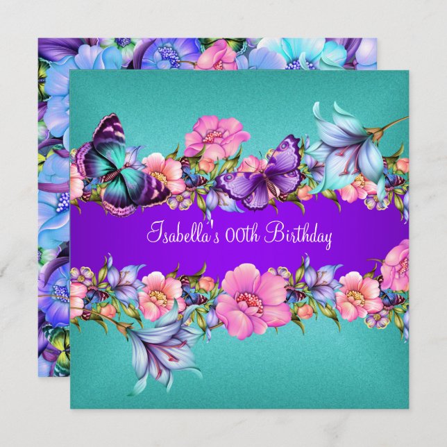 Teal Purple blue Pink Butterfly Birthday Party 2 Invitation (Front/Back)