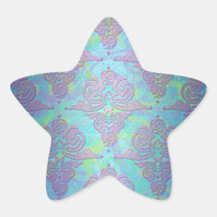 Teal Purple Blue Pink Floral Damask Star Sticker
