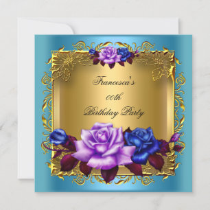 Teal Purple Blue Roses Gold Birthday Party Invitation
