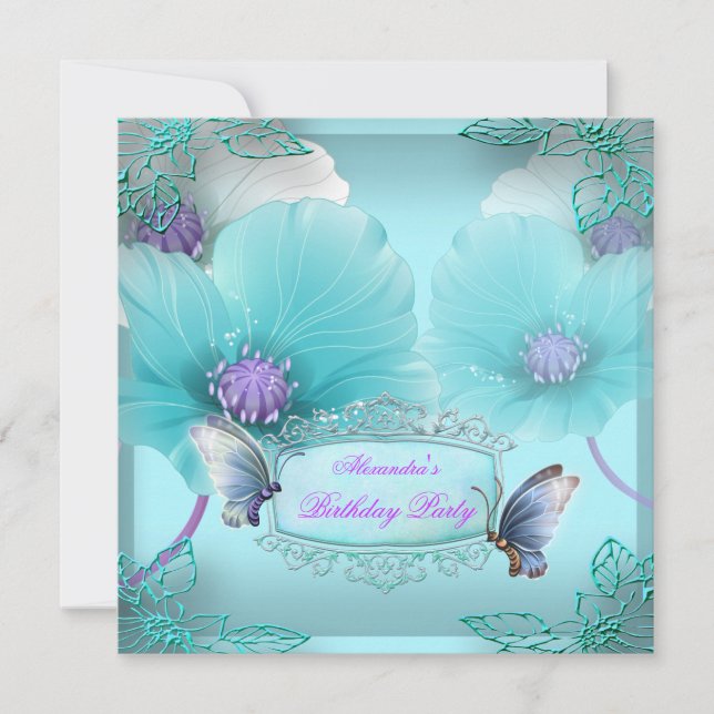 Teal Purple Butterfly Birthday Party Women Girls 2 Invitation (Front)