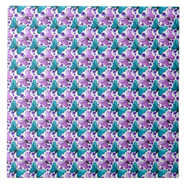 Teal purple butterfly floral pattern  ceramic tile (Front)