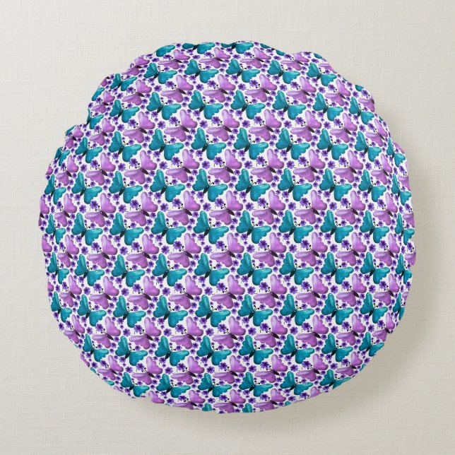 Teal purple butterfly floral pattern  round cushion (Front)