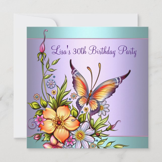 Teal Purple Butterfly Womans 30th Birthday Invitation (Front)