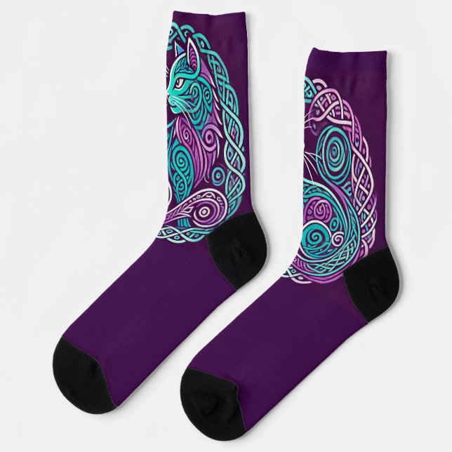 Teal & Purple Cat Celtic Circle Socks (Left)