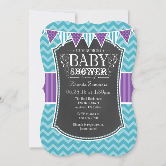 Teal Purple Chalkboard Chevron Baby Shower Invite (Front)