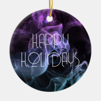 Teal Purple Coloured Smoke Happy Holidays Ceramic Ornament