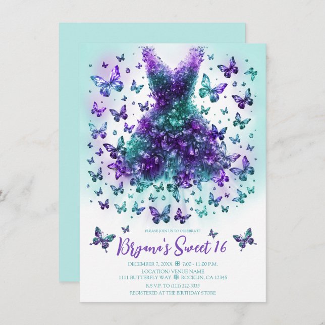 Teal & Purple Crystal Butterfly Dress  Invitation (Front/Back)