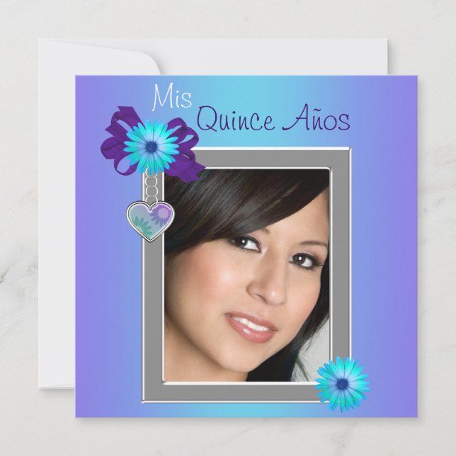 Teal Purple Daisy Photo Quinceanera Invitation (Front)