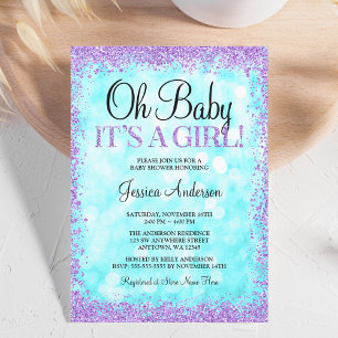 Teal Purple Faux Glitter Lights Girl Baby Shower Invitation