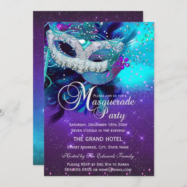 Teal Purple Feather Mask Masquerade Birthday 2 Invitation (Front/Back)