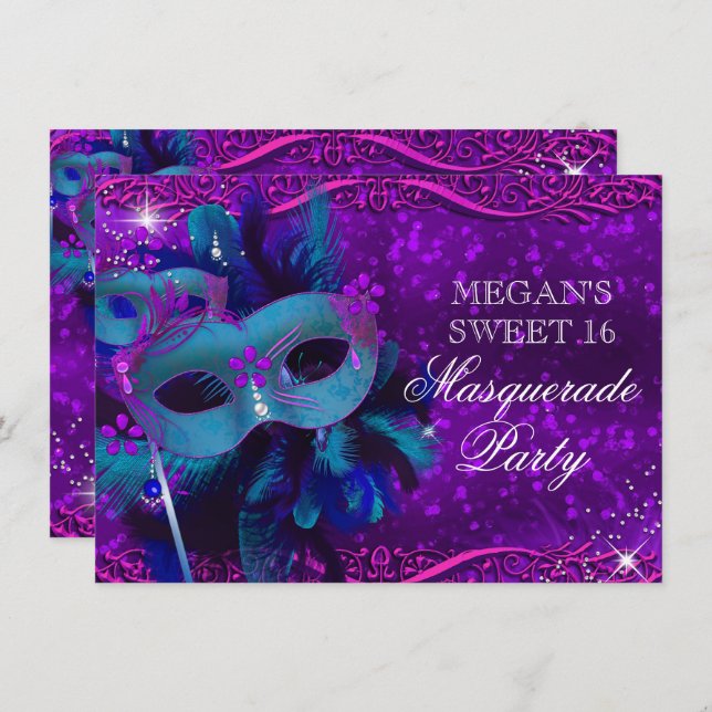 Teal Purple Feather Mask Masquerade Sweet 16 Invitation (Front/Back)