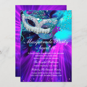 Teal Purple Feather Masked Masquerade Party Invitation
