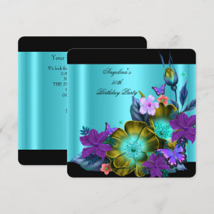 Teal Purple Floral Black Gold Birthday Party 2 Invitation