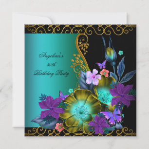 Teal Purple Floral Black Gold Birthday Party Invitation