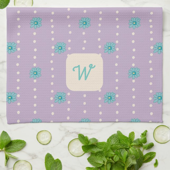 Teal & Purple Floral Monogram Kitchen Tea Towel (Folded)