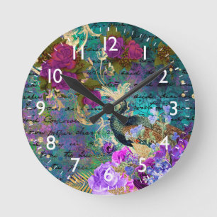 Teal & purple floral Peacock print & gold diamonds Round Clock