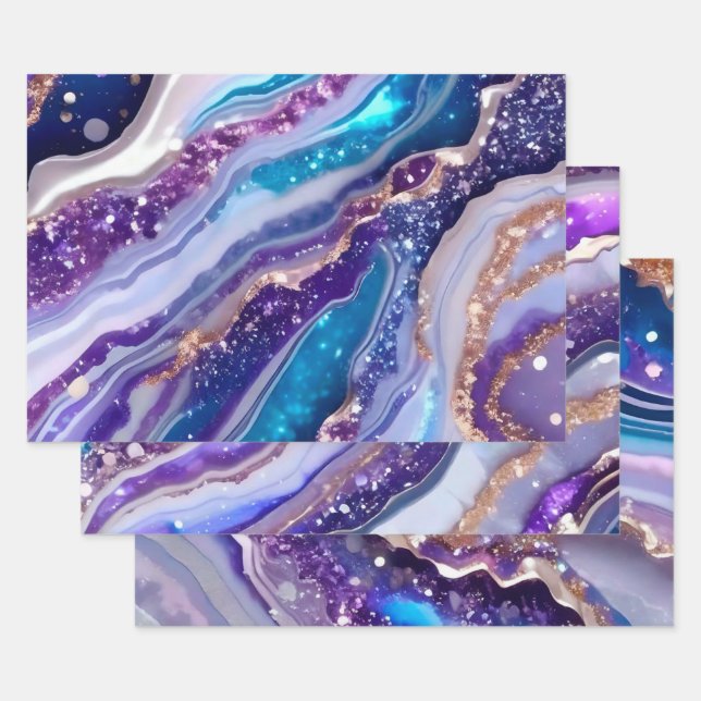 Teal Purple Galaxy Agate Marble Pattern Wrapping Paper Sheet (Set)