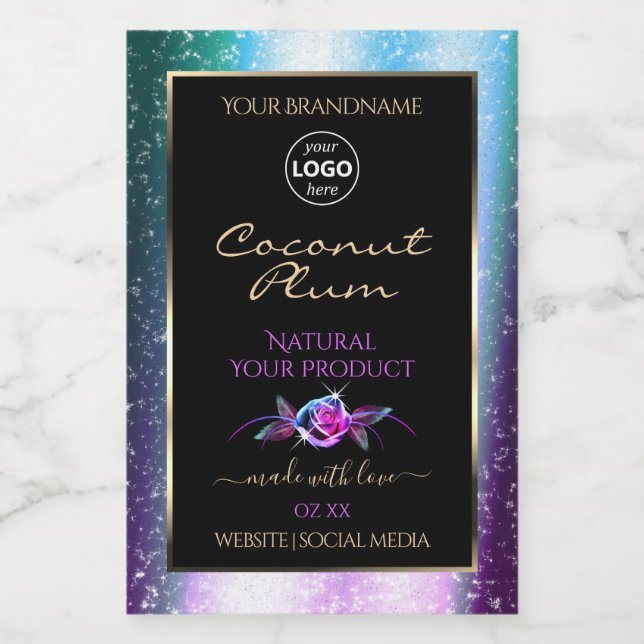 Teal Purple Glitter Black Product Labels with Logo (Single Label)