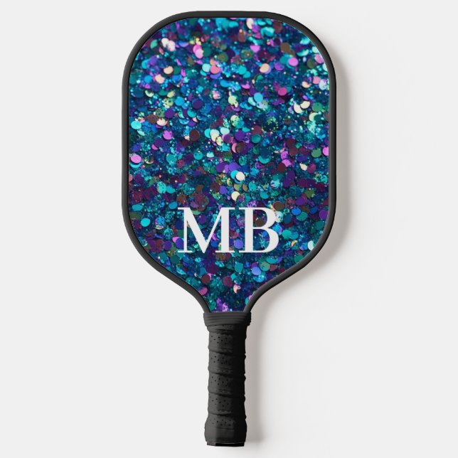 Teal Purple Glitter Sparkle Glam Monogram Pickleball Paddle (Back)