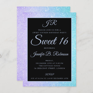 Teal Purple Glitter Sweet 16 Birthday Monogram Invitation