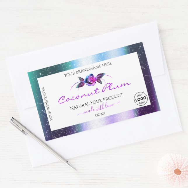 Teal Purple Glitter White Product Labels with Logo (Envelope)