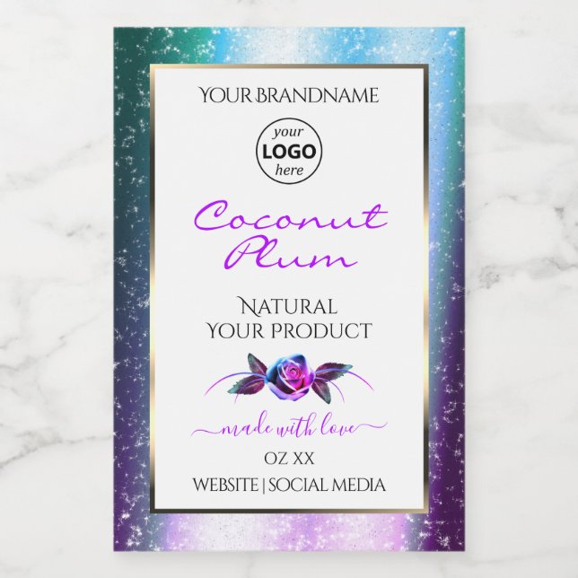 Teal Purple Glitter White Product Labels with Logo (Single Label)