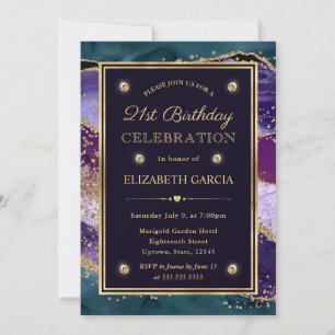 Teal, Purple & Gold Glitter Agate 21st Birthday Invitation