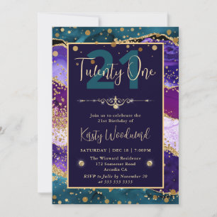 Teal & Purple & Gold Glitter Agate Birthday Party Invitation