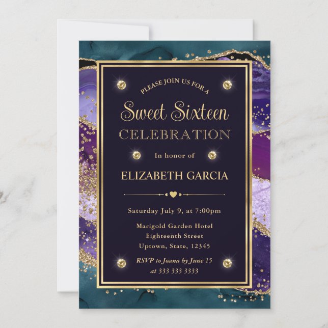 Teal, Purple & Gold Glitter Agate Sweet Sixteen Invitation (Front)