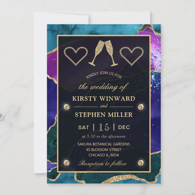 Teal, Purple & Gold Glitter Peacock Agate Wedding Invitation (Front)