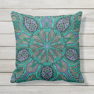 Teal Purple Green Mandala Outdoor Pillow