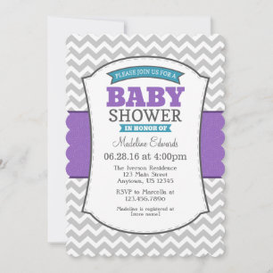 Teal Purple Grey Chevron Baby Shower Invitation