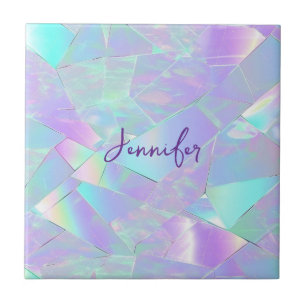 Teal & Purple Iridescent Design, Script Name Ceramic Tile