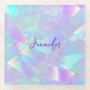 Teal & Purple Iridescent Design, Script Name Glass Coaster