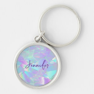 Teal & Purple Iridescent Design, Script Name Key Ring