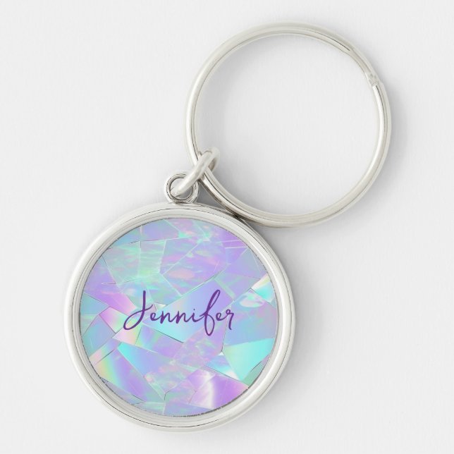 Teal & Purple Iridescent Design, Script Name Key Ring (Front)