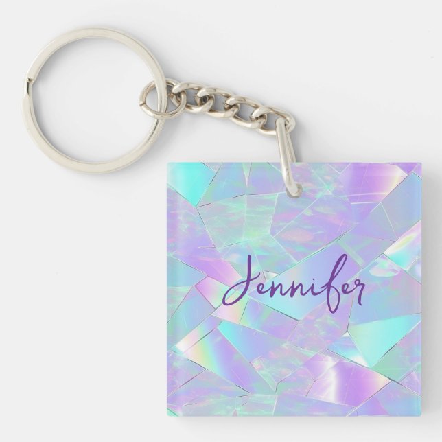 Teal & Purple Iridescent Design, Script Name Key Ring (Front)
