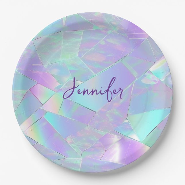 Teal & Purple Iridescent Design, Script Name Paper Plate (Front)