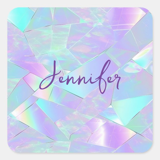 Teal & Purple Iridescent Design, Script Name Square Sticker (Front)