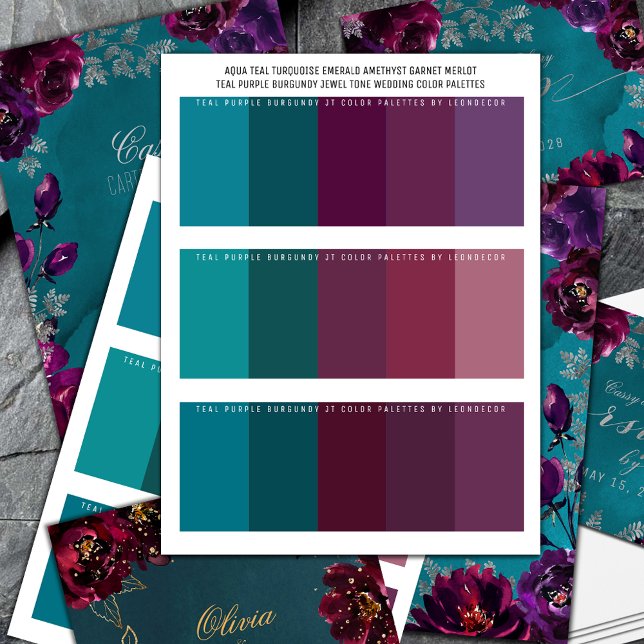 Teal Purple Jewel Tone Wedding Colour Palettes (Aqua Teal Turquoise Emerald Amethyst Garnet Merlot Teal Purple Burgundy Jewel Tone Wedding Colors)