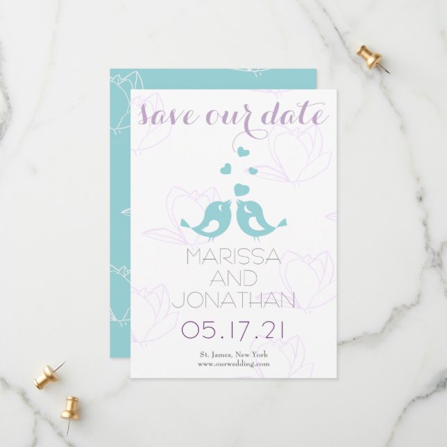 Teal/Purple Lovebirds Save the Date Card (Front/Back In Situ)