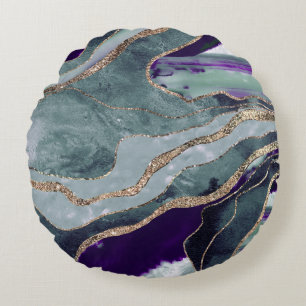 Teal Purple Marble Agate Gold Glitter Glam #1  Round Cushion