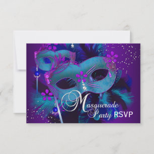 Teal & Purple Masks Masquerade Party RSVP Invitation