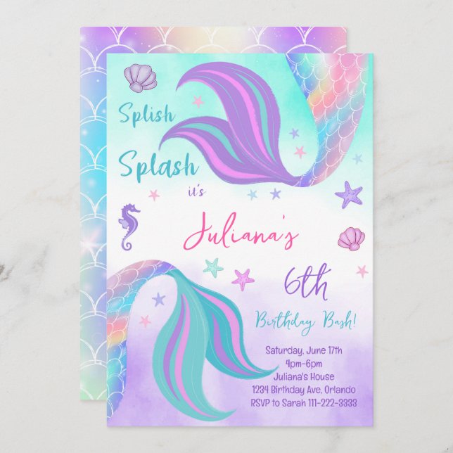 Teal Purple Mermaid Tails Birthday Invitation (Front/Back)